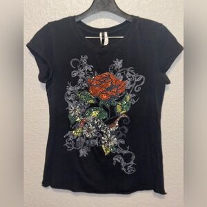Rhinestone Floral Embellished Black T-Shirt